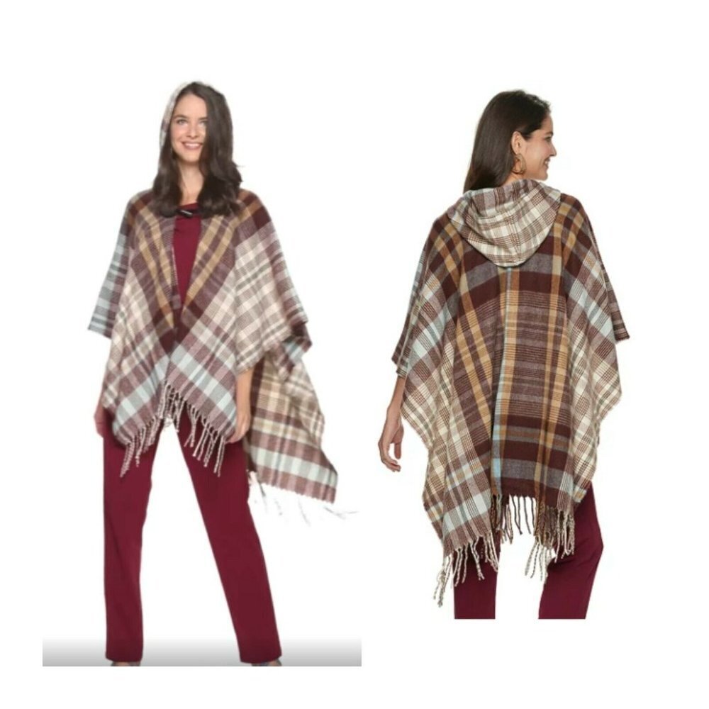 Style Collective Poncho Ruana Cape Wrap Hooded Caftan Plaid NWT OS